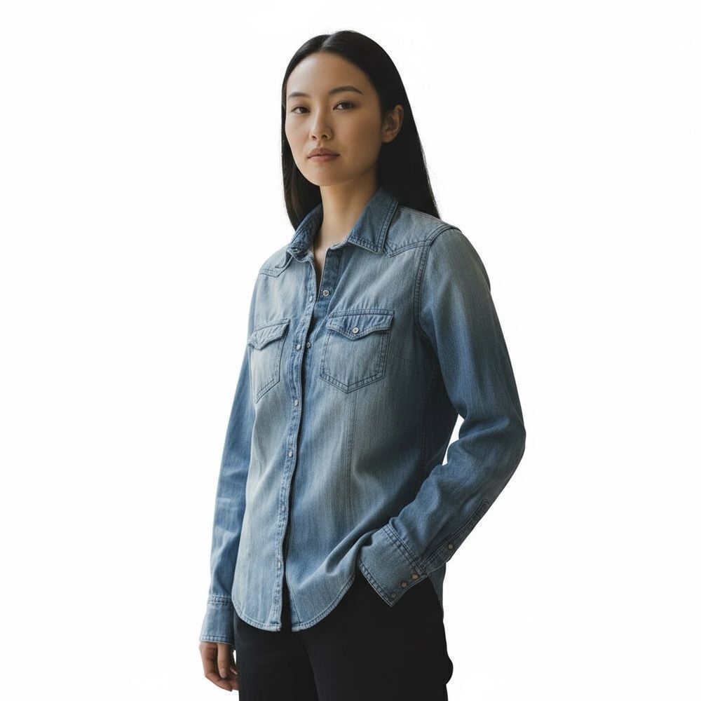Club Monaco Women's Chambray Denim Pearl Snap Western Shirt Size XS Extra Small